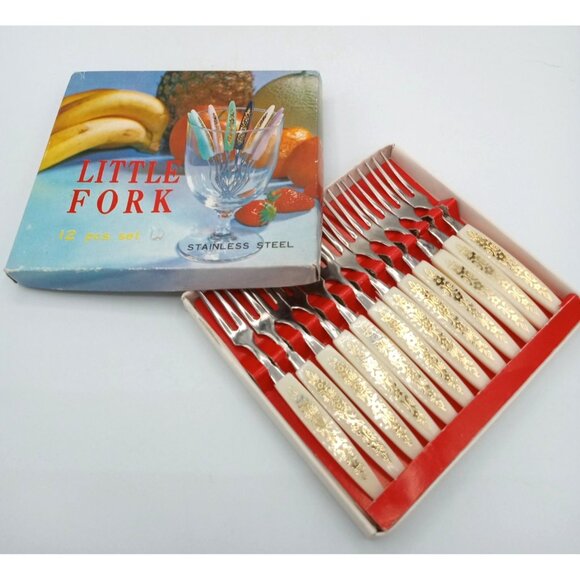Little Fork Set 12 Piece Stainless Steel Ornate Gold Floral Handles Vintage 4 In - Picture 14 of 16